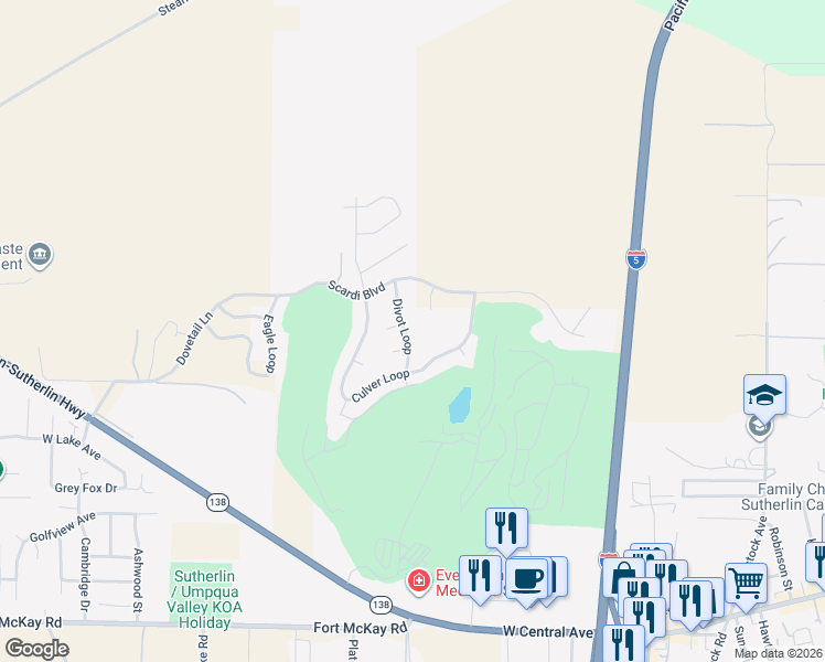 map of restaurants, bars, coffee shops, grocery stores, and more near 680 Divot Loop in Sutherlin