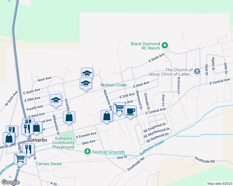 map of restaurants, bars, coffee shops, grocery stores, and more near 912 East 3rd Avenue in Sutherlin