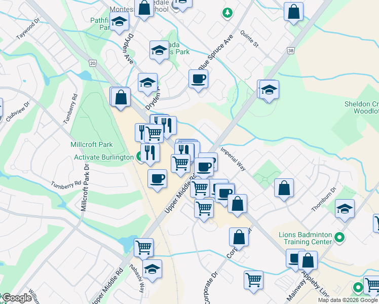 map of restaurants, bars, coffee shops, grocery stores, and more near 2035 Appleby Line in Burlington