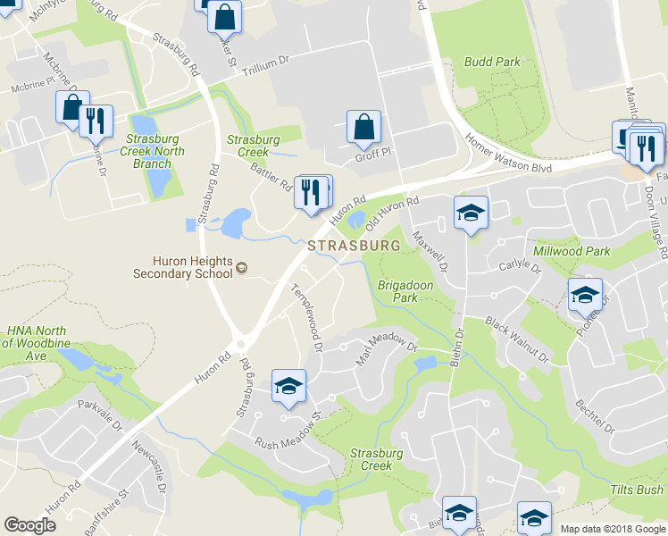map of restaurants, bars, coffee shops, grocery stores, and more near 7 Marianne Dorn Trail in Kitchener