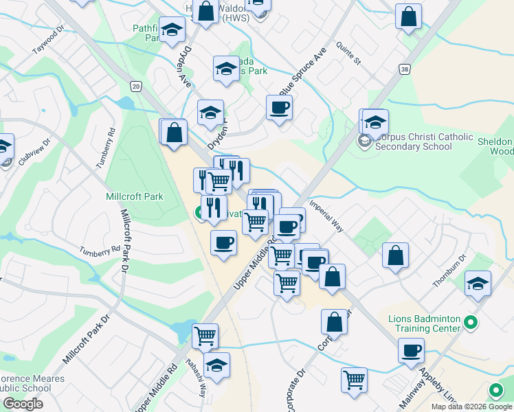 map of restaurants, bars, coffee shops, grocery stores, and more near 2085 Appleby Line in Burlington
