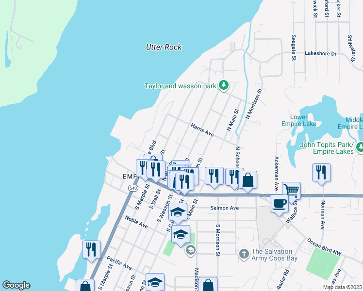 map of restaurants, bars, coffee shops, grocery stores, and more near 305 North Wall Street in Coos Bay