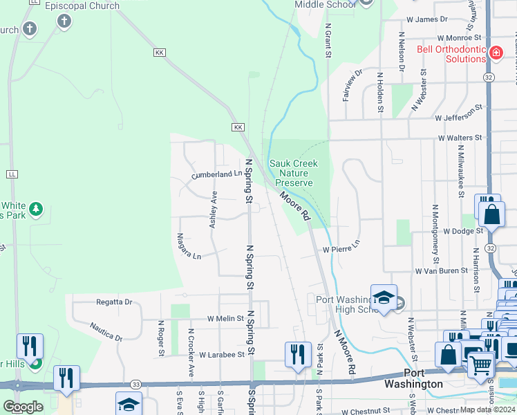 map of restaurants, bars, coffee shops, grocery stores, and more near 620 North Spring Street in Port Washington