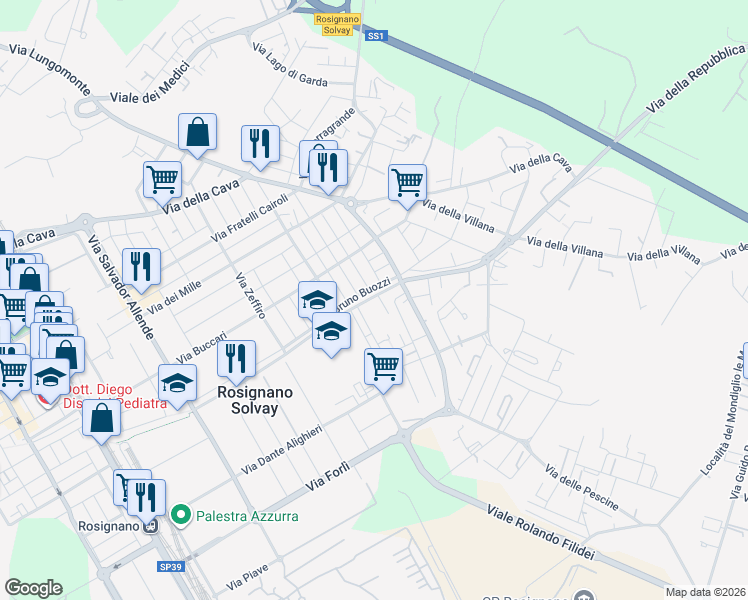 map of restaurants, bars, coffee shops, grocery stores, and more near 42 Via della Repubblica in Rosignano Solvay-Castiglioncello