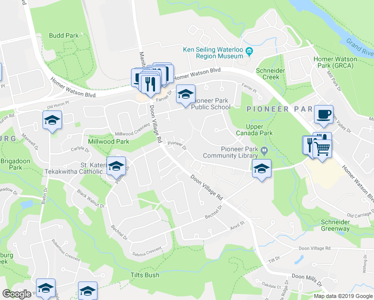 map of restaurants, bars, coffee shops, grocery stores, and more near 400 Pioneer Drive in Kitchener