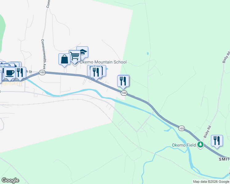 map of restaurants, bars, coffee shops, grocery stores, and more near 8 Main Street in Ludlow