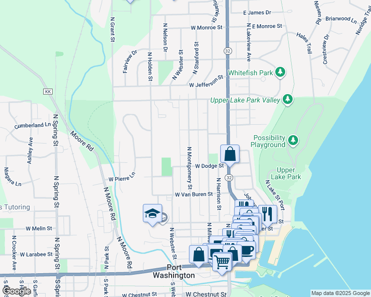 map of restaurants, bars, coffee shops, grocery stores, and more near 639 North Montgomery Street in Port Washington