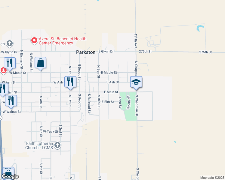 map of restaurants, bars, coffee shops, grocery stores, and more near 503 East Main Street in Parkston