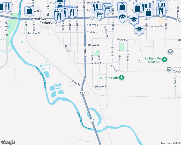 map of restaurants, bars, coffee shops, grocery stores, and more near 601-699 South 10th Street in Estherville