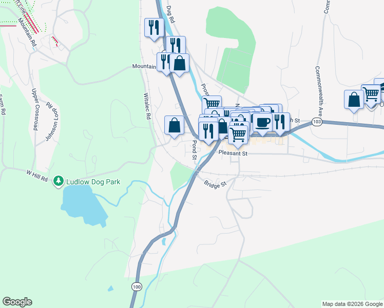 map of restaurants, bars, coffee shops, grocery stores, and more near 8 Pond Street in Ludlow