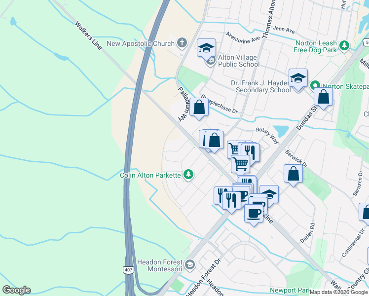 map of restaurants, bars, coffee shops, grocery stores, and more near 3851 Tufgar Crescent in Burlington