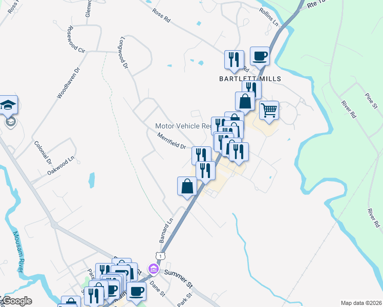 map of restaurants, bars, coffee shops, grocery stores, and more near 49 Merrifield Drive in Kennebunk