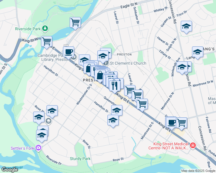 map of restaurants, bars, coffee shops, grocery stores, and more near 827 Waterloo Regional Road 8 in Cambridge