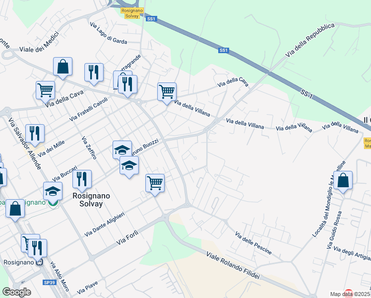 map of restaurants, bars, coffee shops, grocery stores, and more near 32 Via Guido Gozzano in Rosignano Solvay-Castiglioncello