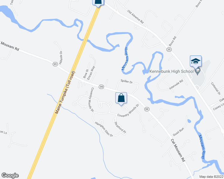 map of restaurants, bars, coffee shops, grocery stores, and more near 223 Cat Mousam Road in Kennebunk