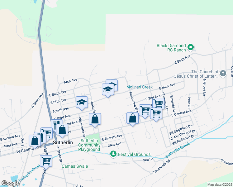 map of restaurants, bars, coffee shops, grocery stores, and more near 649 East 4th Avenue in Sutherlin