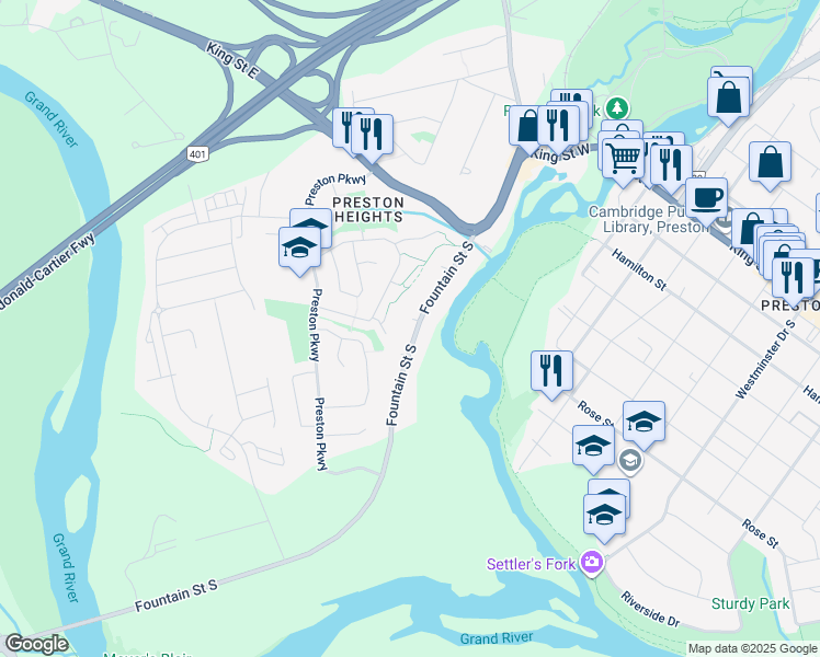 map of restaurants, bars, coffee shops, grocery stores, and more near 480 Fountain Street South in Cambridge