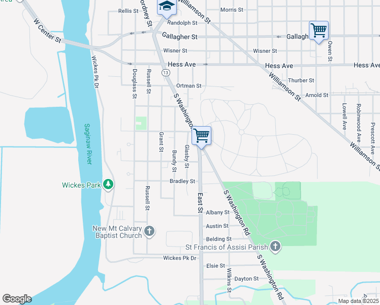 map of restaurants, bars, coffee shops, grocery stores, and more near 3240 Glasby Street in Saginaw
