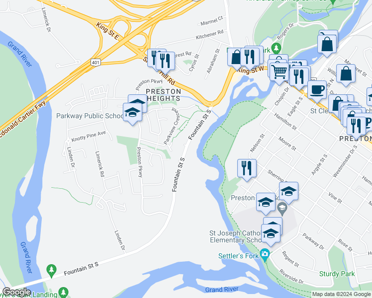 map of restaurants, bars, coffee shops, grocery stores, and more near 465 Fountain Street South in Cambridge