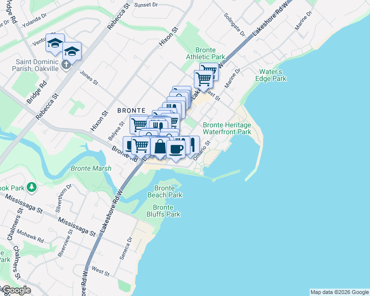 map of restaurants, bars, coffee shops, grocery stores, and more near 2390 Marine Drive in Oakville