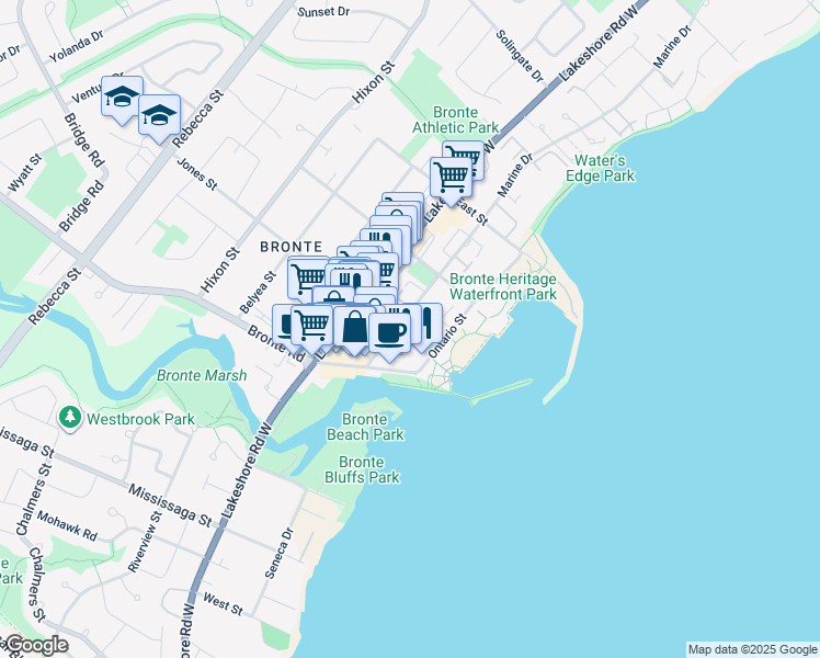 map of restaurants, bars, coffee shops, grocery stores, and more near 2390 Marine Drive in Oakville