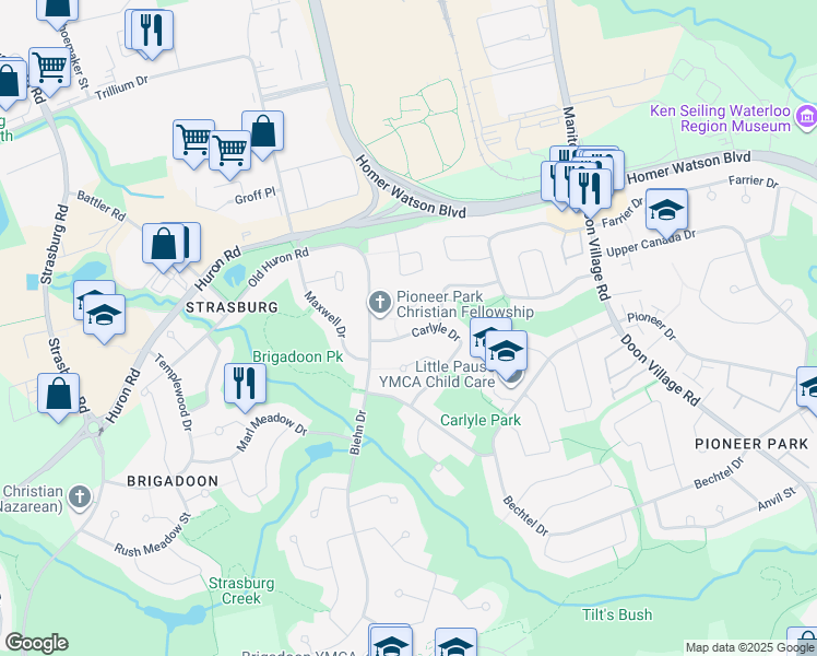 map of restaurants, bars, coffee shops, grocery stores, and more near 120 Carlyle Drive in Kitchener