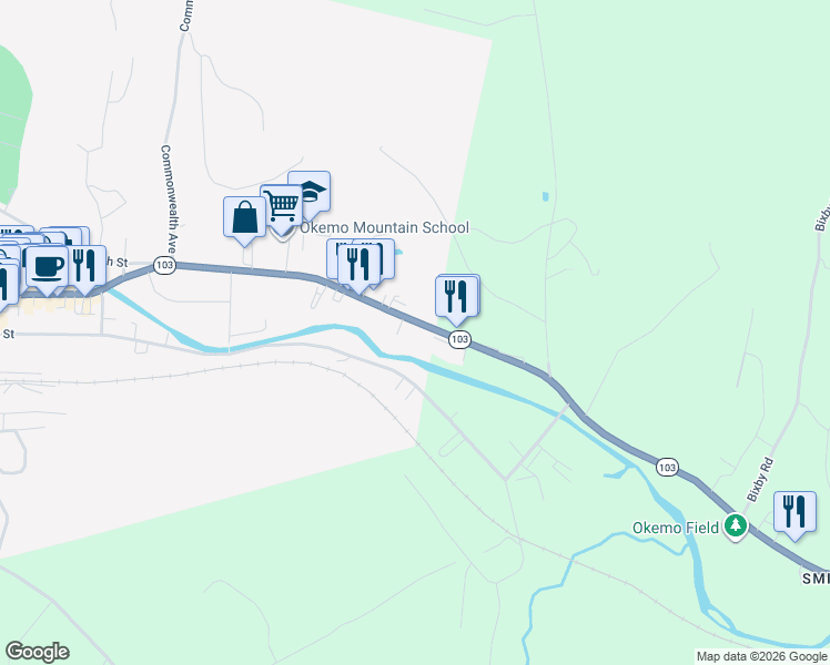 map of restaurants, bars, coffee shops, grocery stores, and more near 8 Main Street in Ludlow