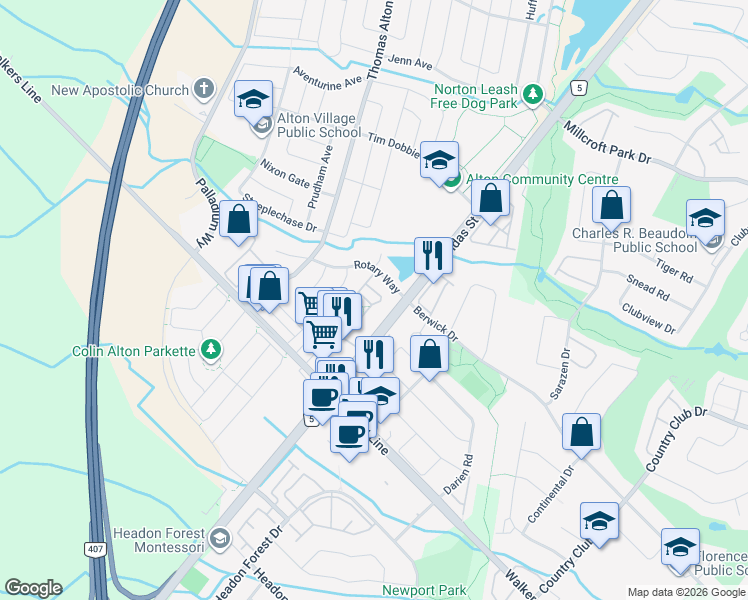 map of restaurants, bars, coffee shops, grocery stores, and more near 3050 Rotary Way in Burlington