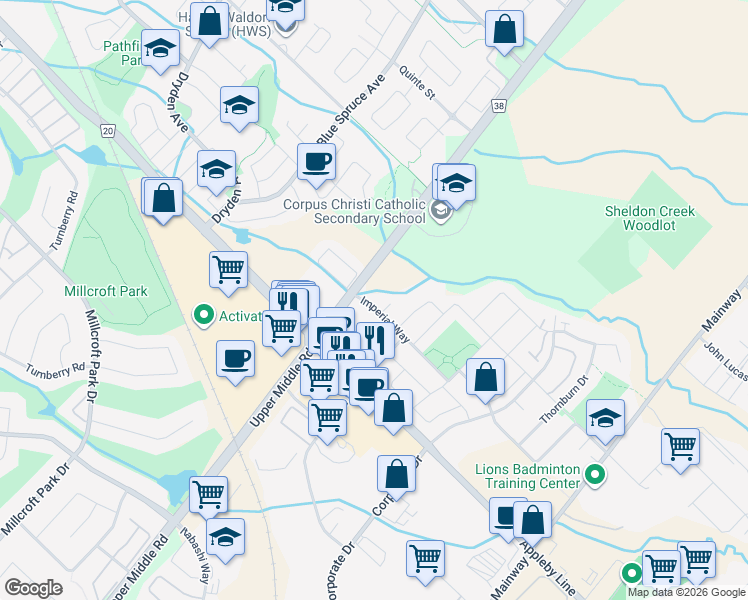 map of restaurants, bars, coffee shops, grocery stores, and more near 1980 Imperial Way in Burlington