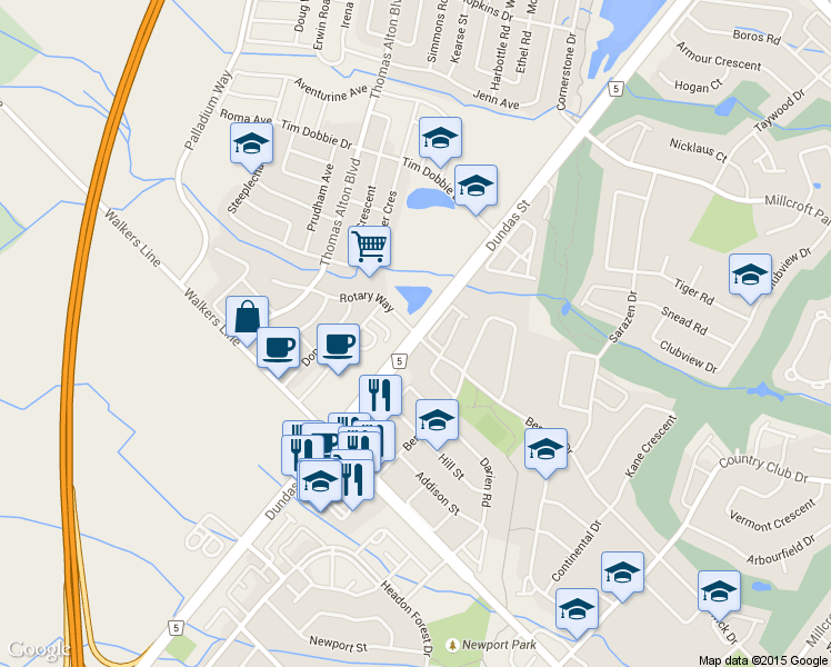 map of restaurants, bars, coffee shops, grocery stores, and more near 4059 Dundas Street in Burlington