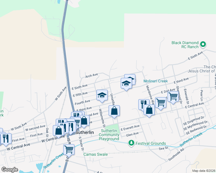 map of restaurants, bars, coffee shops, grocery stores, and more near 387 East 5th Avenue in Sutherlin