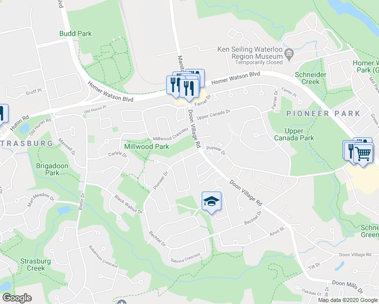 map of restaurants, bars, coffee shops, grocery stores, and more near 480 Pioneer Drive in Kitchener