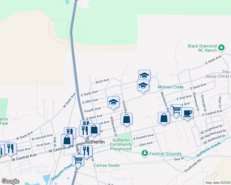 map of restaurants, bars, coffee shops, grocery stores, and more near 387 East 5th Avenue in Sutherlin