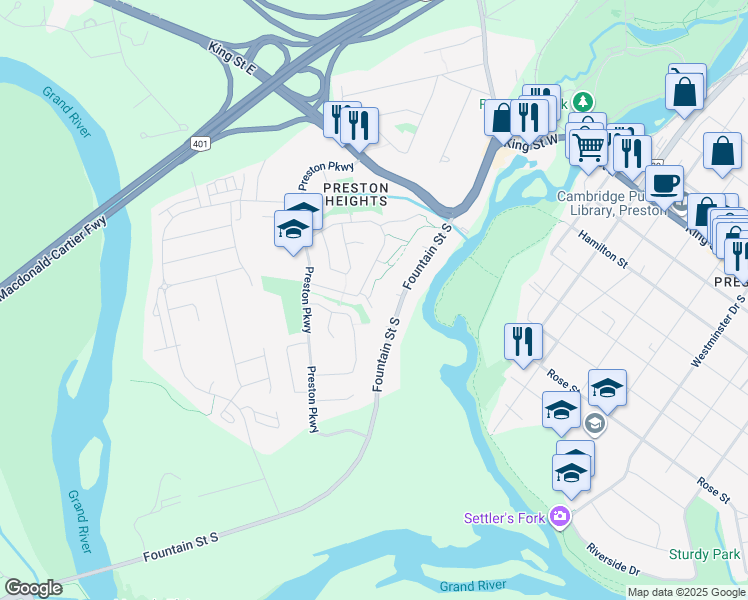 map of restaurants, bars, coffee shops, grocery stores, and more near 480 Fountain Street South in Cambridge