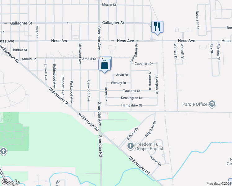 map of restaurants, bars, coffee shops, grocery stores, and more near 2420 Tausend Street in Saginaw
