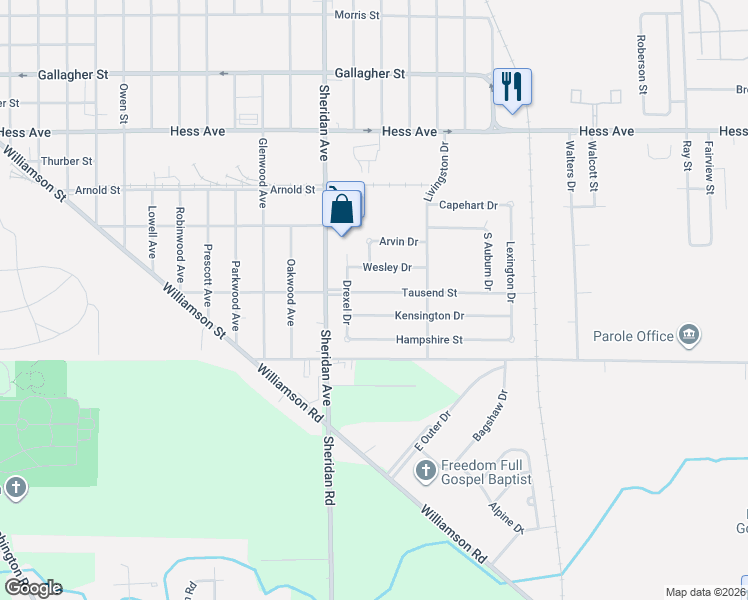 map of restaurants, bars, coffee shops, grocery stores, and more near 2420 Tausend Street in Saginaw