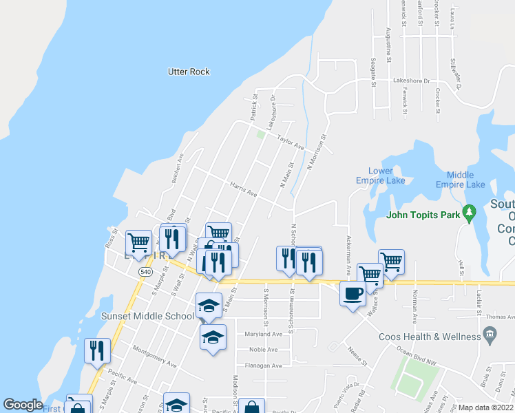 map of restaurants, bars, coffee shops, grocery stores, and more near 373 North Cammann Street in Coos Bay