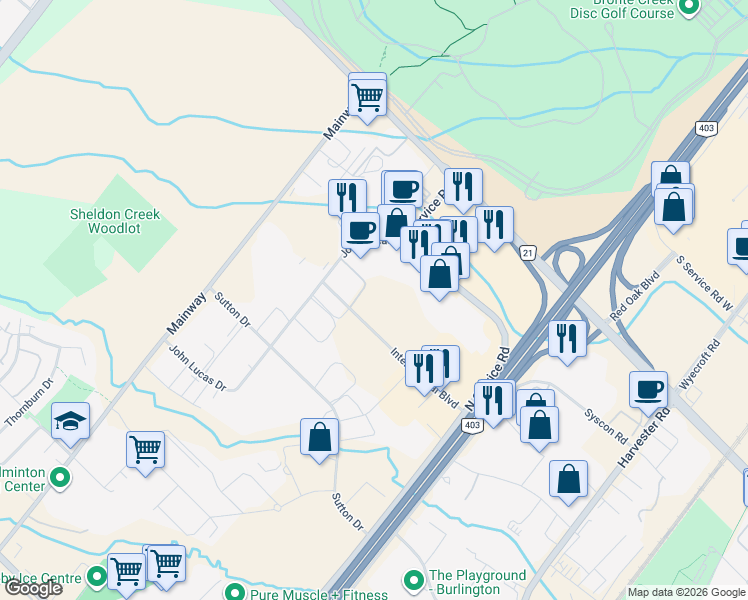 map of restaurants, bars, coffee shops, grocery stores, and more near 1213 International Boulevard in Burlington