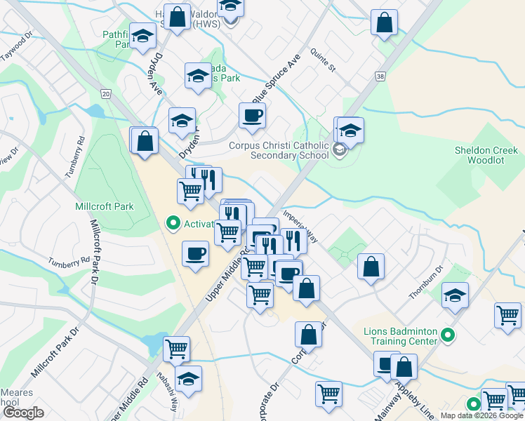 map of restaurants, bars, coffee shops, grocery stores, and more near 2055 Appleby Line in Burlington