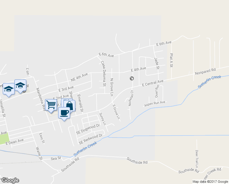 map of restaurants, bars, coffee shops, grocery stores, and more near 206 North Grove Lane in Sutherlin