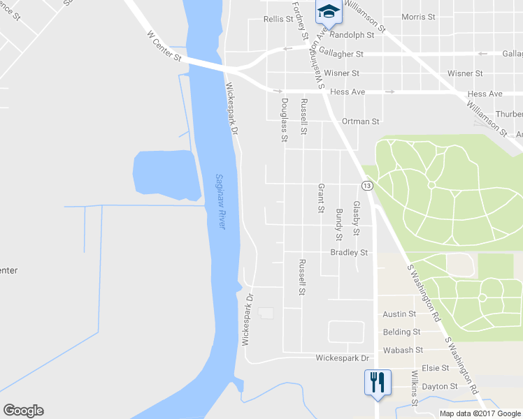 map of restaurants, bars, coffee shops, grocery stores, and more near 51 Youmans Street in Saginaw