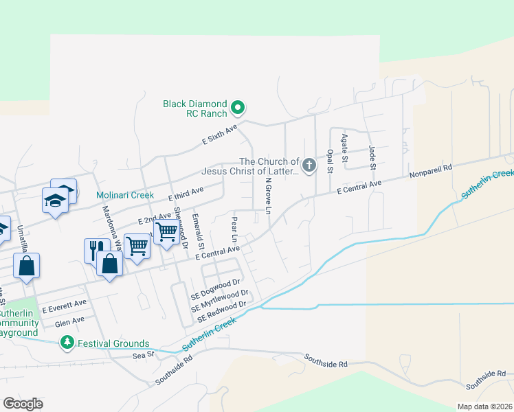 map of restaurants, bars, coffee shops, grocery stores, and more near 202 Casa Deloma Street in Sutherlin