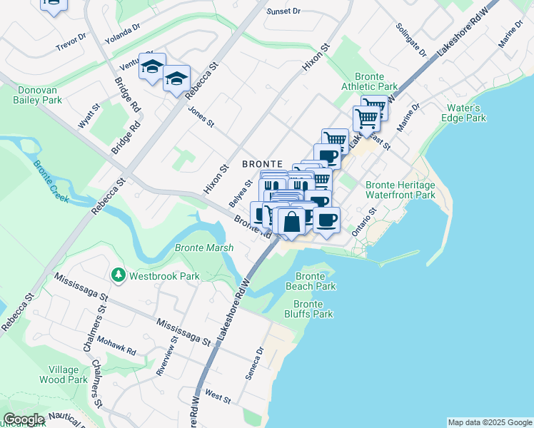 map of restaurants, bars, coffee shops, grocery stores, and more near 133 Bronte Road in Oakville