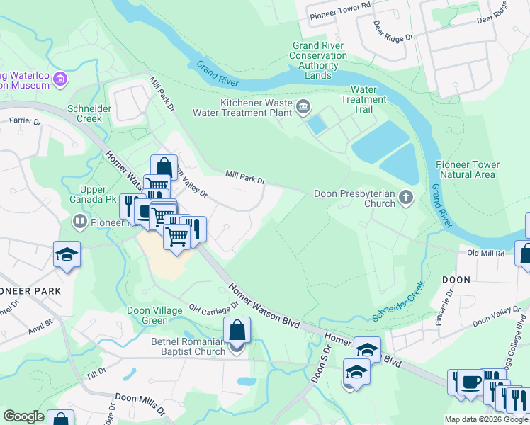 map of restaurants, bars, coffee shops, grocery stores, and more near 206 Green Valley Drive in Kitchener