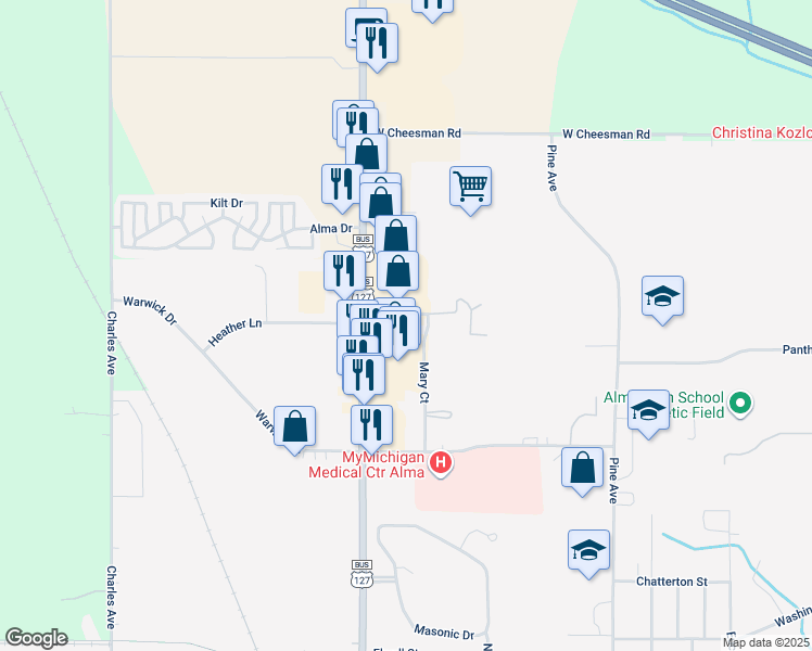 map of restaurants, bars, coffee shops, grocery stores, and more near 1680 Wright Avenue in Alma
