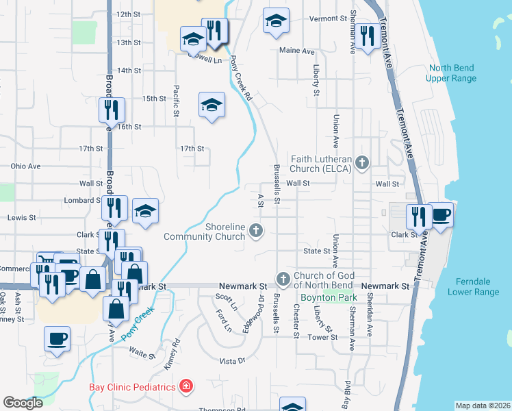 map of restaurants, bars, coffee shops, grocery stores, and more near 1259 Lewis Street in North Bend