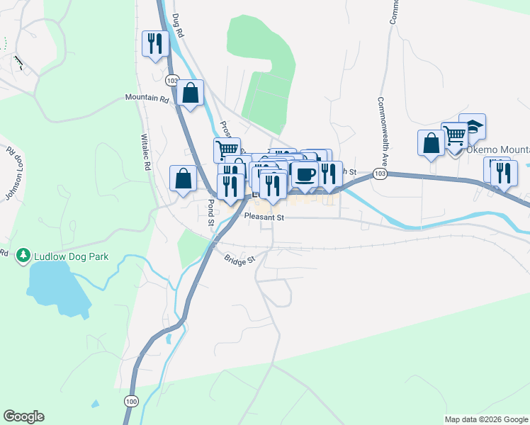 map of restaurants, bars, coffee shops, grocery stores, and more near 9 Pleasant Street in Ludlow