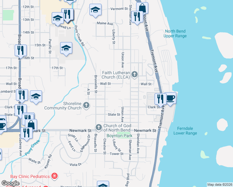 map of restaurants, bars, coffee shops, grocery stores, and more near 885 Lombard Street in North Bend