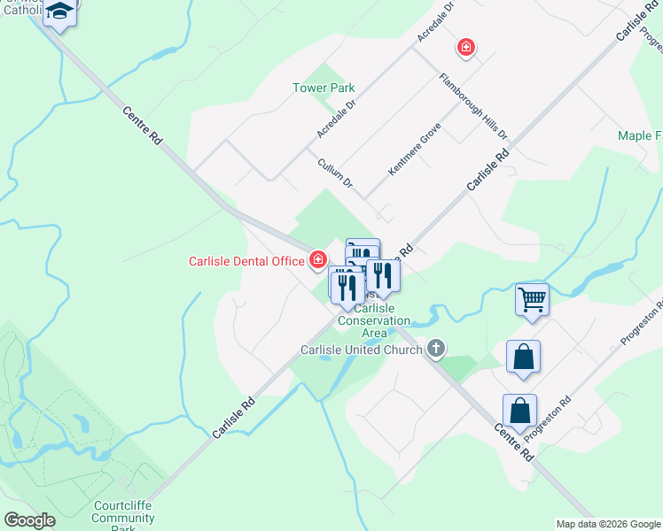 map of restaurants, bars, coffee shops, grocery stores, and more near Centre Road in Hamilton