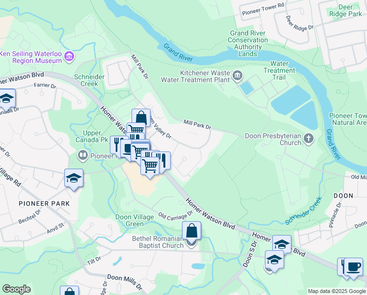 map of restaurants, bars, coffee shops, grocery stores, and more near 152 Green Valley Drive in Kitchener
